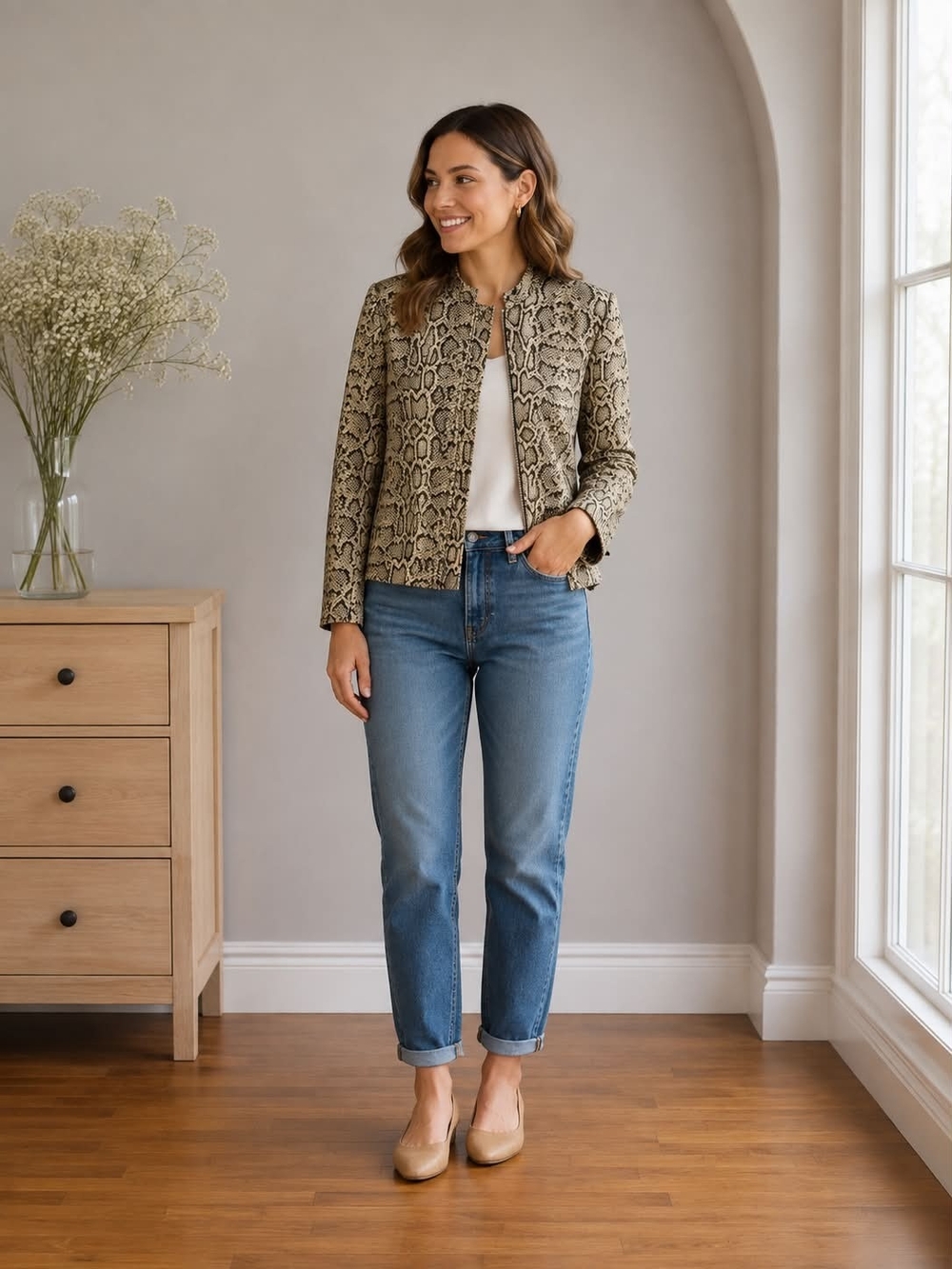InWear Snake-Print Collarless Blazer in Beige Size 8